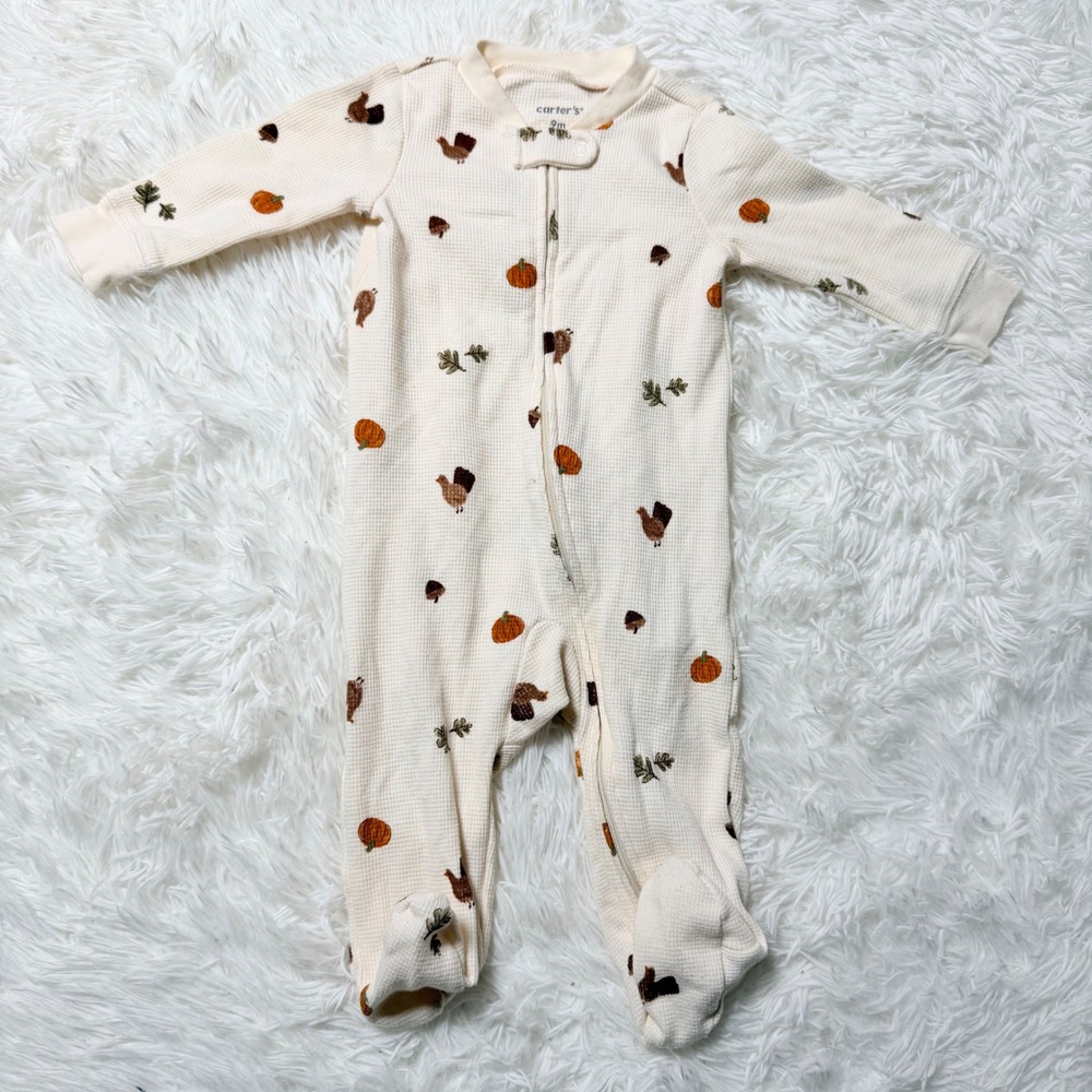 Carter's 9M Thanksgiving Turkey Pumpkin Waffle Knit Footed Sleeper Pajamas